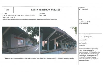 Karta adresowa gminnej ewidencji zabytk&oacute;w zabytku nieruchomego: "Ciąg pawilon&oacute;w handlowo-usługowych zwanych wiatą" ? strona 1